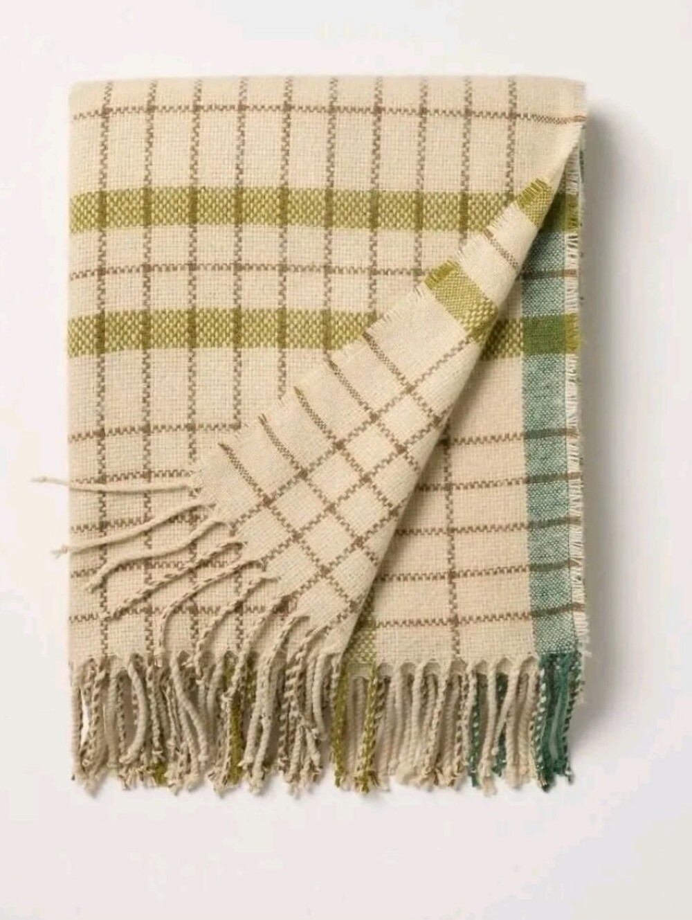Hearth & Hand Cream Plaid Throw Blanket with Olive and Teal Accents 50x60 Nwt